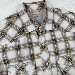 Banana Republic Mens‎ Slim Fit Western Plaid Shirt Pearl Snap Grey Yellow Size M